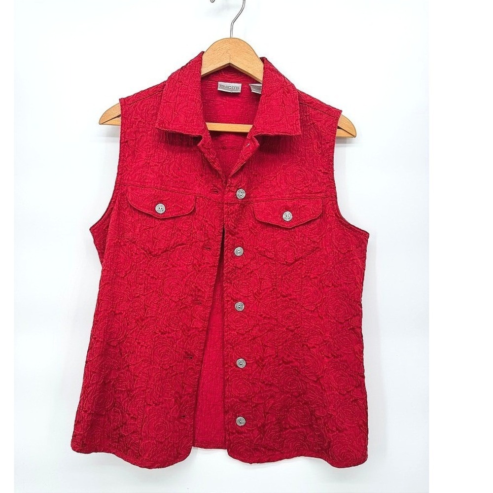 Chicos Vest Top Textured Floral Button Up Sleeveless Jacket Western Dressy 1/SM